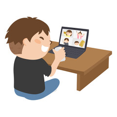 オンラインでリモート飲み会を楽しんでる若い男性のイラスト。