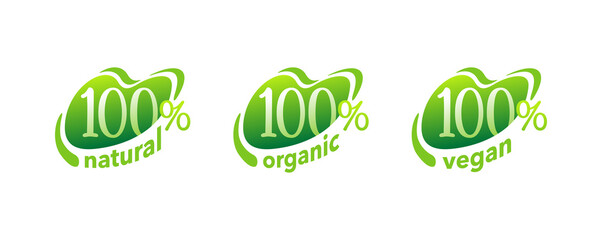 100 natural, 100 organic, GMO free - mark for healthy food, vegetarian nutrition - vector sticker set in abstract style