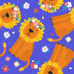 Lions, flowers, hand drawn backdrop. Colorful seamless pattern with animals. Decorative cute wallpaper, good for printing. Overlapping background vector. Design illustration - 358713360
