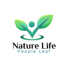 Natural life people leaf logo, diet success for vegetables food logo design vector template