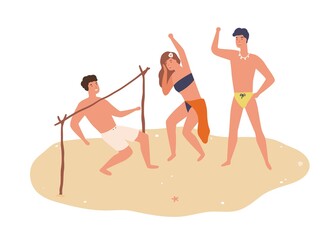 Group of happy friends dancing limbo on sand vector flat illustration. Smiling man and woman in swimsuits pass under bar with incline isolated on white. Relaxed people enjoying summer beach party - obrazy, fototapety, plakaty