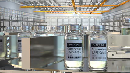 Sars-cov-2 coronavirus vaccine on a production line in a pharmaceutical factory. 3D illustration..