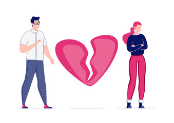 The concept of breaking the love relationship. Divorce. Former couple. Conflict between lovers. Broken heart. Parting couple. Attempt to make peace. Vector. Illustration in a flat cartoon style.