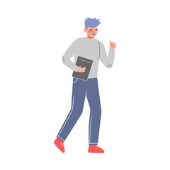 Male Business Character Walking with Folder in his Hands, Office Worker Employee Vector Illustration