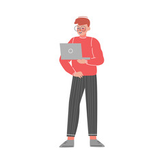 Male Office Character Standing with Laptop, Business Employee Vector Illustration