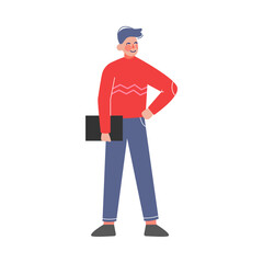 Male Business Character Standing with Folder, Office Worker Employee Vector Illustration