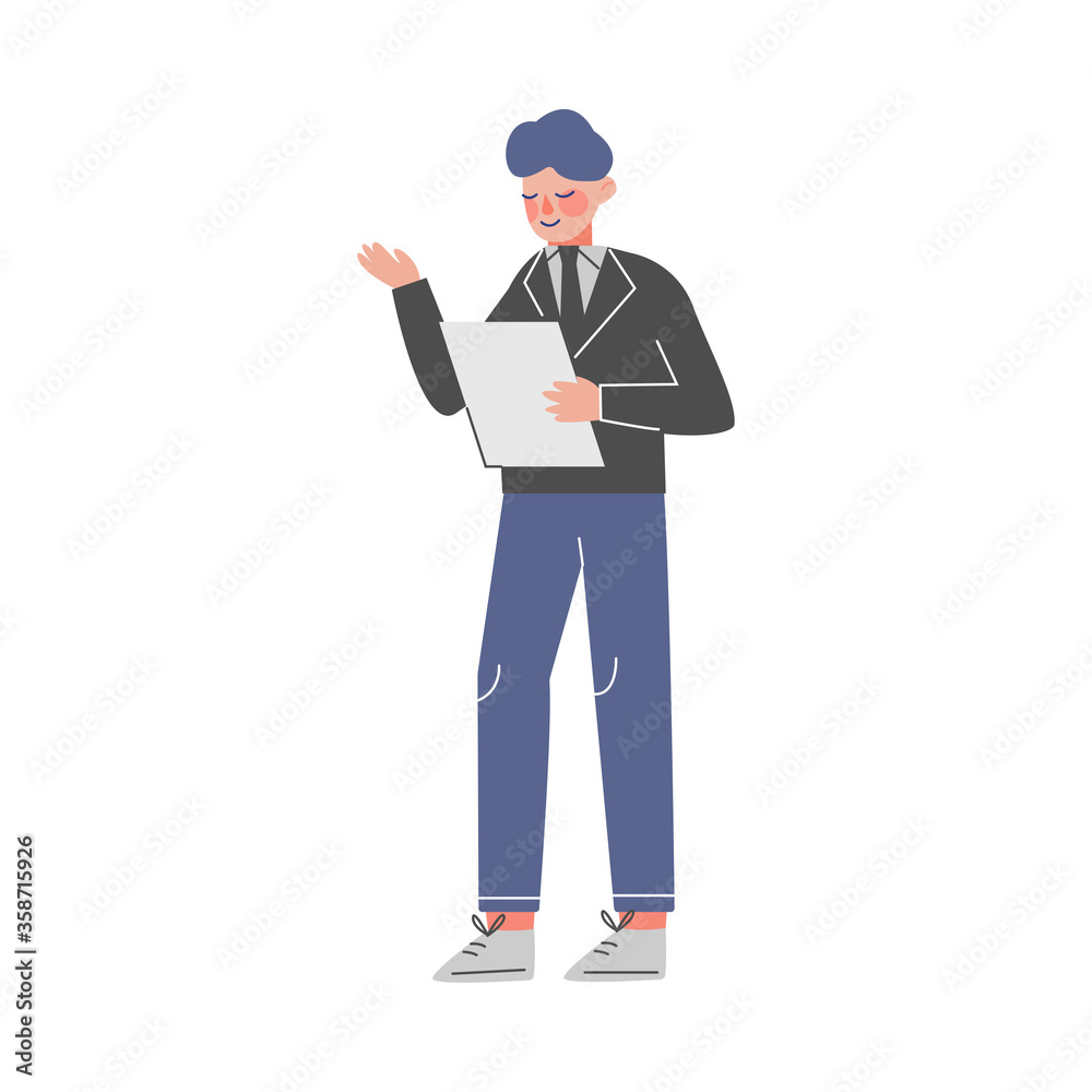 Sticker male business character standing and reading paper document, office worker employee vector illustrat