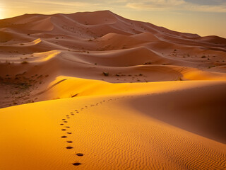Footsteps in the sand at sunrise in Sahara desert, Morocco - obrazy, fototapety, plakaty