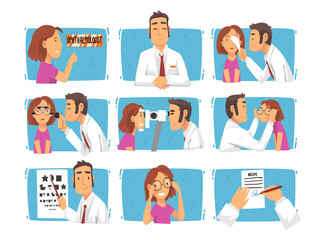 Ophthalmology Diagnostics, Male Ophthalmologist Doctor Examining Patient Eyesight with Professional Equipment, Vision Correction Cartoon Vector Illustration