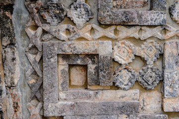 CLose view of the architecture of Uxmal, an ancient Maya city of the classical period. One of the most important archaeological sites of Maya culture. UNESCO World Heritage site