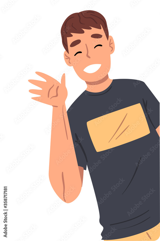 Wall mural Cheerful Young Man Waving His Hand, Man Chatting Online via the Internet Using Smartphone Video Call or Talking Face to Face Vector Illustration