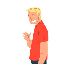 Smiling Young Man Waving His Hand, Modern Communication Concept, Man Chatting Online via the Internet Using Video Call or Talking Face to Face Vector Illustration