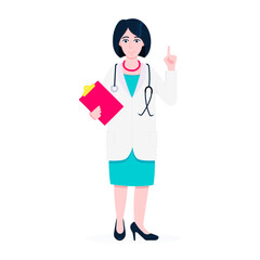 Fototapeta premium Doctor woman standing and holding clipboard and stethoscope with index finger flat style design vector illustration isolated on white background. Medical center hospital employee.