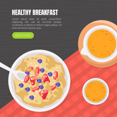 Healthy Breakfast Landing Page Template, Top View of Traditional Oatmeal with Berries Web Page, Homepage Vector Illustration