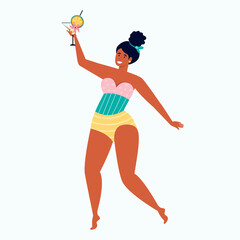 Happy woman in a swimsuit drinks a fruit cocktail. Summer pool party. Funny female character is relaxing by the sea. Pin up girl with an alcoholic drink. Hand drawn vector illustration. Summer holiday
