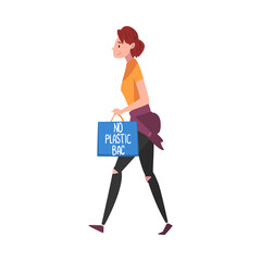 Girl Walking with Paper Shopping Bag with No Plastic Bag Inscription, Reducing Plastic Campaign, Protection of Environment Concept Vector Illustration