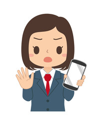 NOサインでスマートフォンを持つ女子学生
