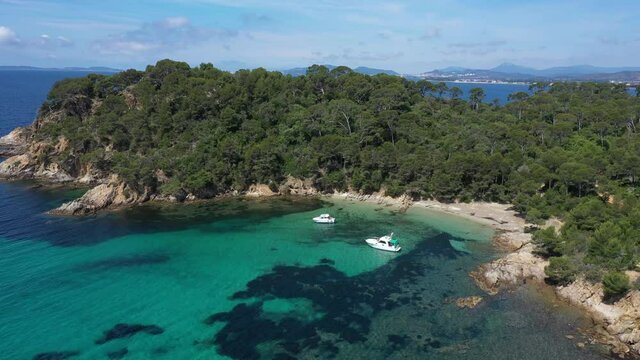France, Cote d'Azur, Aerial view of Cap Leoube and Estagnole beach located near Bormes les mimosas,