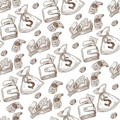 Bags and wallets filled with money seamless pattern