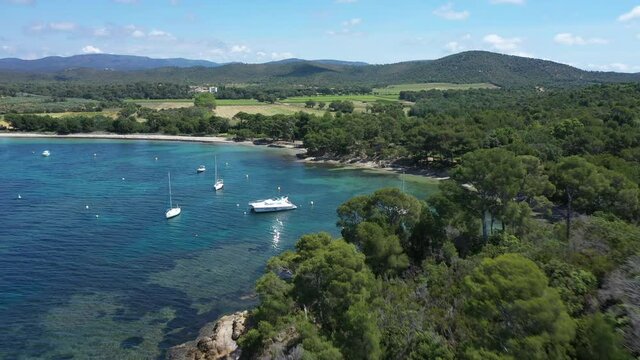 France, Cote d'Azur, Aerial view of Cap Leoube and Estagnole beach located near Bormes les mimosas,