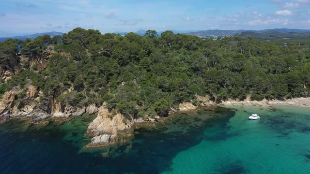 France, Cote d'Azur, Aerial view of Cap Leoube and Estagnole beach located near Bormes les mimosas,