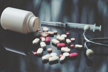 medicine tablet, stethoscope and syringe on table