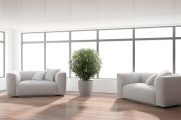 modern room with two armchair and plant in pot interior design. 3D illustration