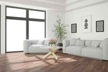 modern room with white sofa,pillows,table with flowers and frames interior design. 3D illustration