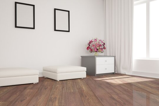 modern room with two white bench, and nightstand with flowers interior design. 3D illustration