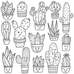 Set of cactus plant in kawaii doodle style vector line art