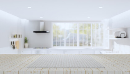 kitchen interior background with counter or table. Decoration top surface by wood texture and tablecloth. Include blur window, cooker hood and empty space for mockup or product display. 3d render.