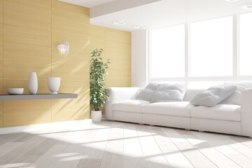 modern room with sofa,pillows,plant interior design. 3D illustration