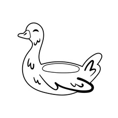 Rubber ring duck, swam shape design. Rubber bird, animal. Swimming equipment. Summer seaside beach pool party. Doodle line art vector illustration icon sticker isolated on white background. Coloring.