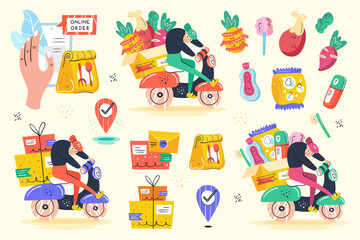 Fototapeta premium Big delivery set, clip art. Mail, box, delivery man, gps, package, bike, purchase. Fast shop service. Online order. Self isolation, protection. Flat hand drawn vector illustration, stickers, icons.
