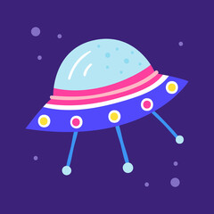 Alien spaceship, satellite. Cosmos vector hand drawn flat illustration, element, sticker, icon. Isolated on dark background. Galaxy, science sify. Technology. Explore, discover. Futuristic.