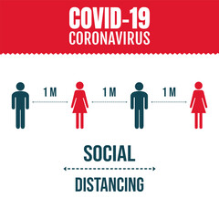 Social Distance Poster With Persons Man And Woman, Vector Illustration