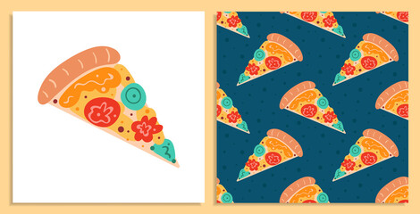 Naklejka premium Tasty pizza. Food element. Delicious dish. Fast food, cafe, restaurant. Product delivery. Italian recipe. Kitchen, home cooking. Flat cartoon, hand drawn, vector seamless pattern. Card making.