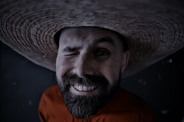 Fototapeta premium cheerful man beard sambrero style mexico carnival hipster travel