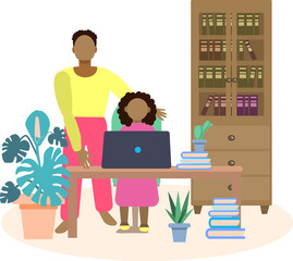 Teaching children online. Home classes with children. An African-American family. A father helps his daughter with her homework. Flat style vector illustration isolated on white background.