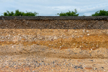 The layer of asphalt road with soil and rock.
