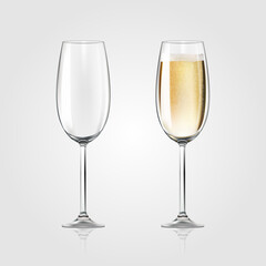 Vector realistic full and empty glasses of champagne, beautiful shining glass isolated on white background with sparkly champagne. EPS 10.