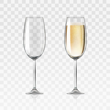 Vector realistic full and empty glasses of champagne, beautiful shining glass isolated on transparent background with sparkly champagne. EPS 10.