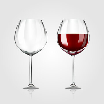 Vector realistic full and empty glasses of red wine beautiful shining glass isolated on white background with red grape drink. EPS 10.