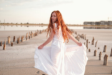 Fototapeta na wymiar Beautiful young lady with long healthy red hair and cute dress