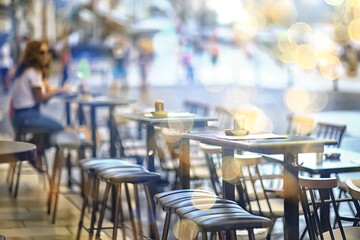 abstract blurred background street cafe in the city, no people, empty, summer restaurant quarantine