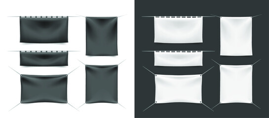 Black and White Textile Banners with Folds on White Background . Isolated Vector Elements 