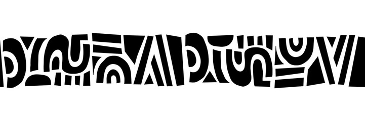 Black shapes seamless vector border. Cute abstract hand drawn geometric shapes collage repeating horizontal pattern monochrome. Modern abstract art for decor, fabric trim, cards, ribbons