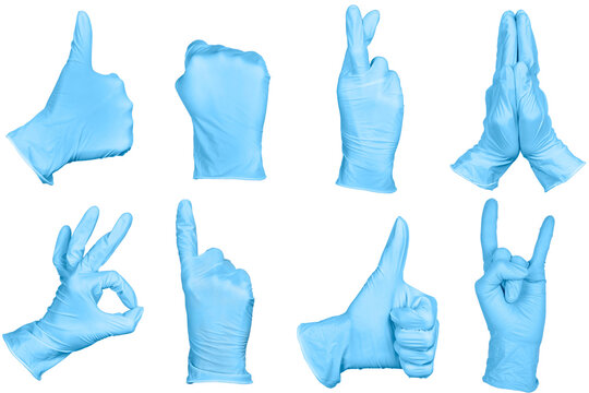 Set Of Hand Or Signs Gestures In Blue Disposable Latex Surgical Gloves Isolated On White Background.