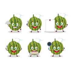 Cartoon character of watermelon with various chef emoticons