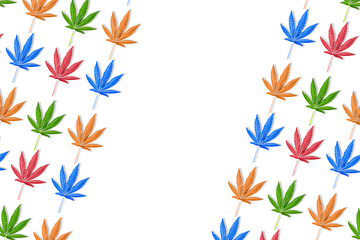 Fototapeta na wymiar Colorful leaves of hemp or cannabis diagonal pattern on white background.